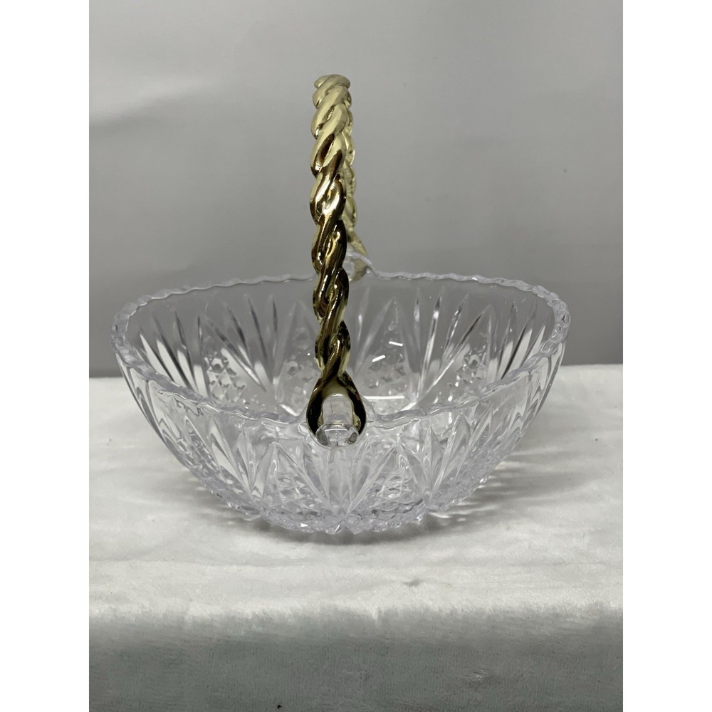 Vintage Clear Pressed Glass‎ Candy Basket Gold Tone Twist Handle Starburst